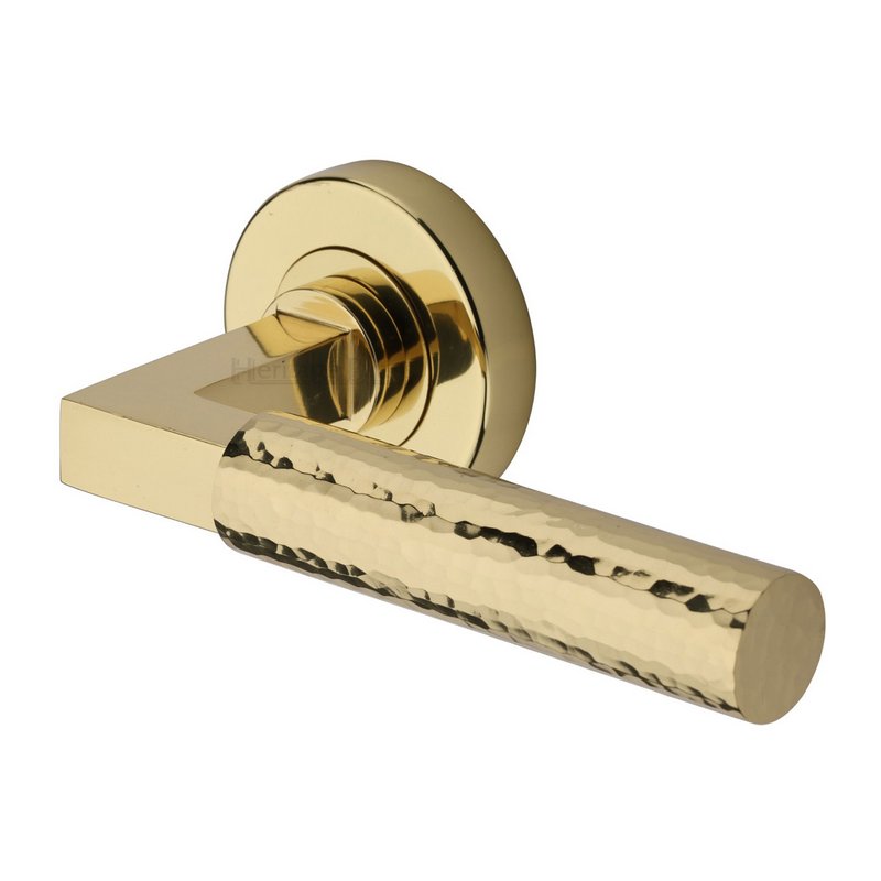 Hammered Bauhaus Door Handle on Round Rose - HAM2259-PB