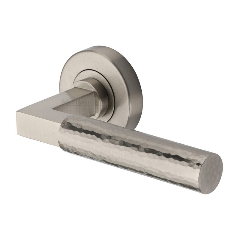 Hammered Bauhaus Door Handle on Round Rose - HAM2259-SN