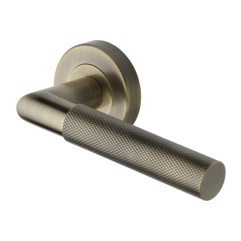 Bauhaus Mitre Knurled Door Handle on Round Rose - V2272-AT