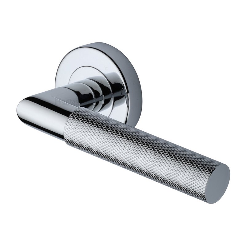 Bauhaus Mitre Knurled Door Handle on Round Rose - V2272-PC