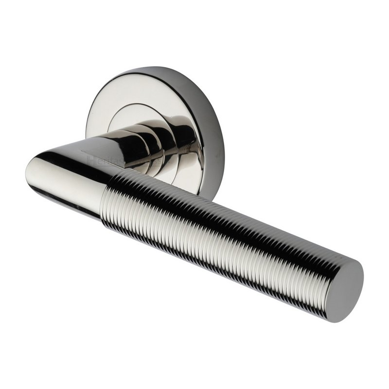 Bauhaus Mitre Reeded Door Handle on Round Rose - V2274-PNF